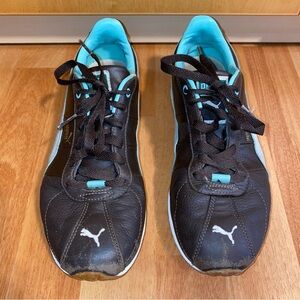 Early 2000s Puma Turin Leather and Suede Chocolate and Aqua Women’s Sneakers 8.5
